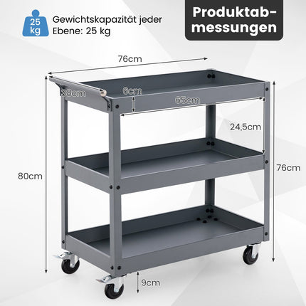Cărucior metalic cu 3 niveluri și mâner ergonomic, gri