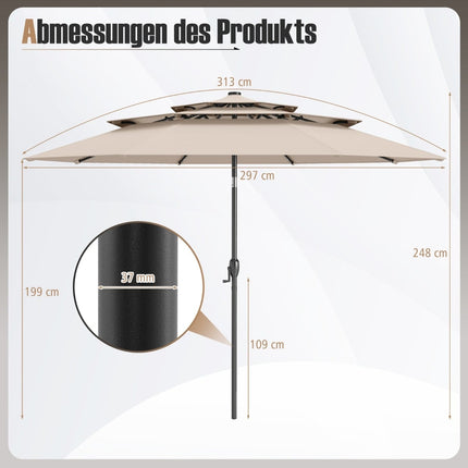 Umbrelă de terasă cu 3 niveluri, LED solar, înclinare manuală, bej