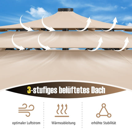 Umbrelă de terasă cu 3 niveluri, LED solar, înclinare manuală, bej