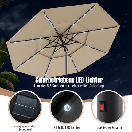Umbrelă de terasă cu 3 niveluri, LED solar, înclinare manuală, bej