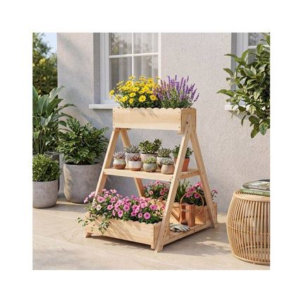3-Tier Raised Garden Bed with 3 Planter Boxes and 2 Shelves, Fir Wood, Natural