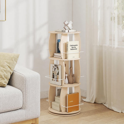 3-Tier Rotating Bookshelf Tower with Display Stands, Light Oak, 360° Swivel