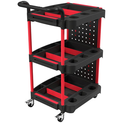 3-Tier Tool Trolley with Pegboard, Hooks and Lockable Wheels, Black, Red