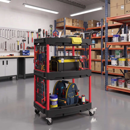3-Tier Tool Trolley with Pegboard, Hooks and Lockable Wheels, Black, Red