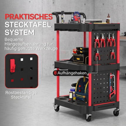 3-Tier Tool Trolley with Pegboard, Hooks and Lockable Wheels, Black, Red