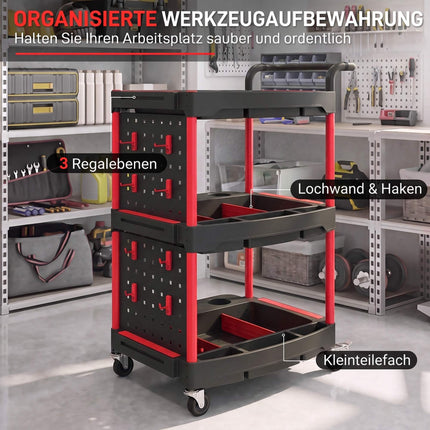 3-Tier Tool Trolley with Pegboard, Hooks and Lockable Wheels, Black, Red