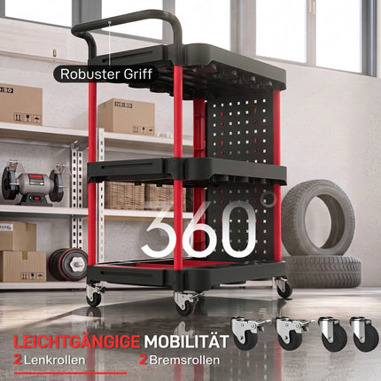3-Tier Tool Trolley with Pegboard, Hooks and Lockable Wheels, Black, Red