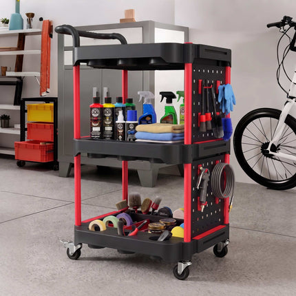 3-Tier Tool Trolley with Pegboard, Hooks and Lockable Wheels, Black, Red