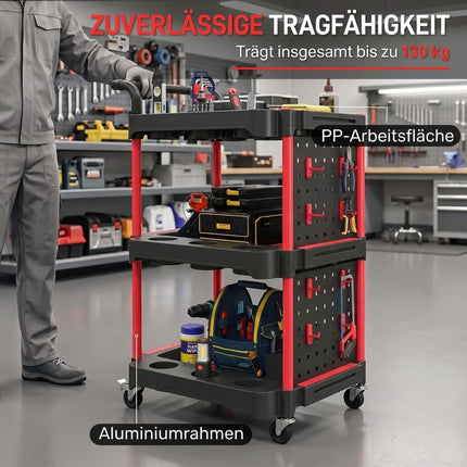 3-Tier Tool Trolley with Pegboard, Hooks and Lockable Wheels, Black, Red