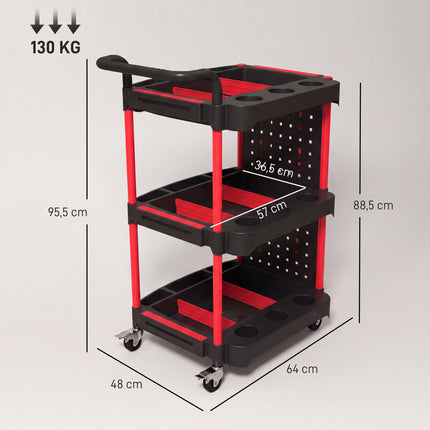 3-Tier Tool Trolley with Pegboard, Hooks and Lockable Wheels, Black, Red