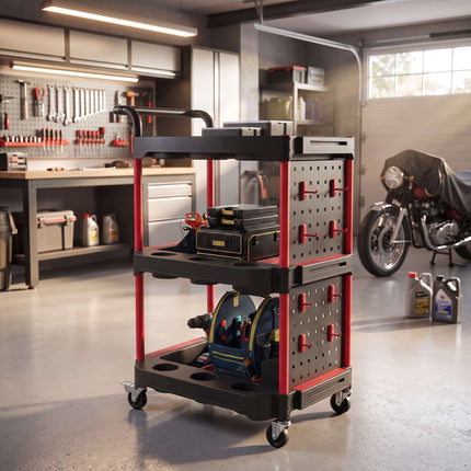 3-Tier Tool Trolley with Pegboard, Hooks and Lockable Wheels, Black, Red