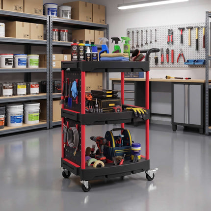 3-Tier Tool Trolley with Pegboard, Hooks and Lockable Wheels, Black, Red