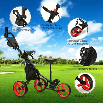 Cărucior de golf reglabil cu 3 roți cu scaun, roșu/negru