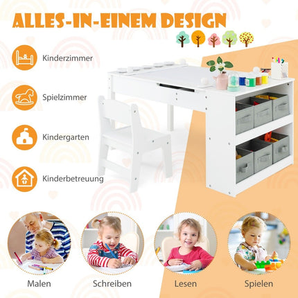 3 in 1 activity table & easel with liftable table top & 6 fabric containers & paper roll white