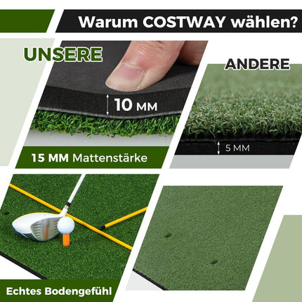 Covoraș de tee de golf 3 în 1 cu gazon artificial, 2 teuri de golf, 2 țăruși de aliniere și 6 găuri pre-găurite, 152 x 92 cm, 27 mm