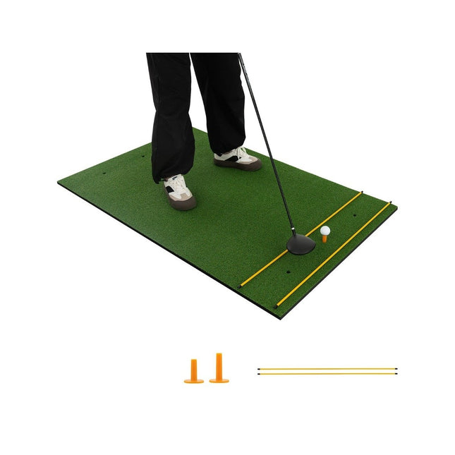 Covoraș de tee de golf 3 în 1 cu gazon artificial, 2 teuri de golf, 2 țăruși de aliniere și 6 găuri pre-găurite, 152 x 92 cm