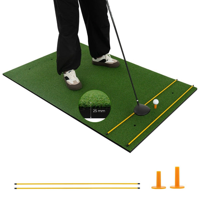 Covoraș de tee de golf 3 în 1 cu gazon artificial, 2 teuri de golf, 2 țăruși de aliniere și 6 găuri pre-găurite, 152 x 92 cm