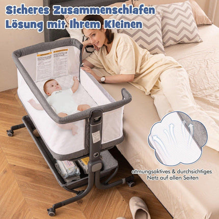 3 in 1 side bed travel cot baby with mattress baby bed 6 compartments height adjustable with storage basket dark gray