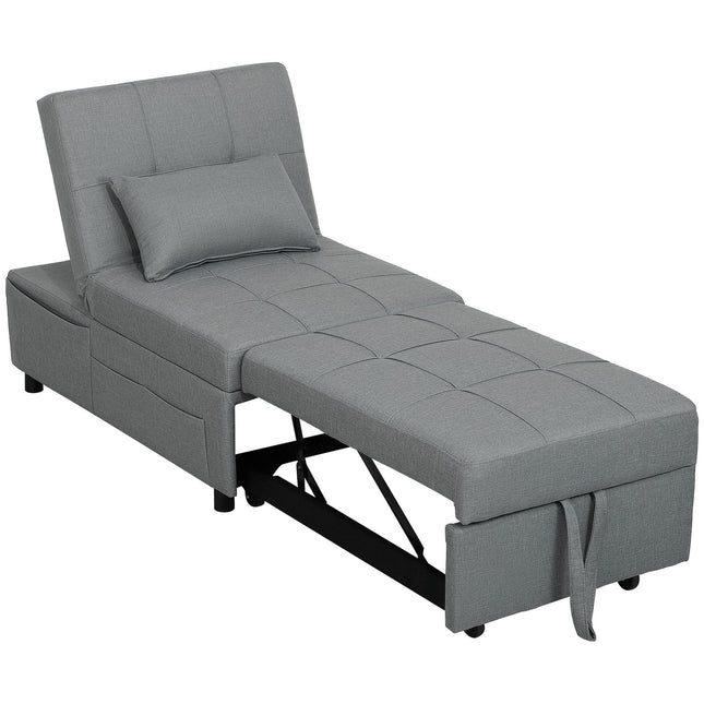 Canapea extensibilă 3 în 1 cu funcție de pat, canapea extensibilă, scaun de dormit cu buzunar lateral, spătar reglabil, capacitate de încărcare până la 150 kg, pentru living, dormitor, gri deschis