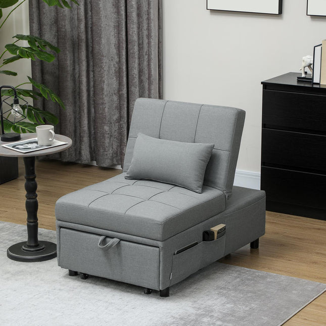 Canapea extensibilă 3 în 1 cu funcție de pat, canapea extensibilă, scaun de dormit cu buzunar lateral, spătar reglabil, capacitate de încărcare până la 150 kg, pentru living, dormitor, gri deschis