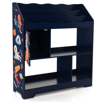 Raft pentru jucării 3 în 1 cu compartimente de depozitare și ușă Raft cu 3 niveluri pentru copii 93 x 30 x 100 cm albastru