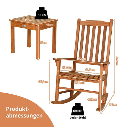 3-piece bistro set with rocking chairs made of natural eucalyptus wood