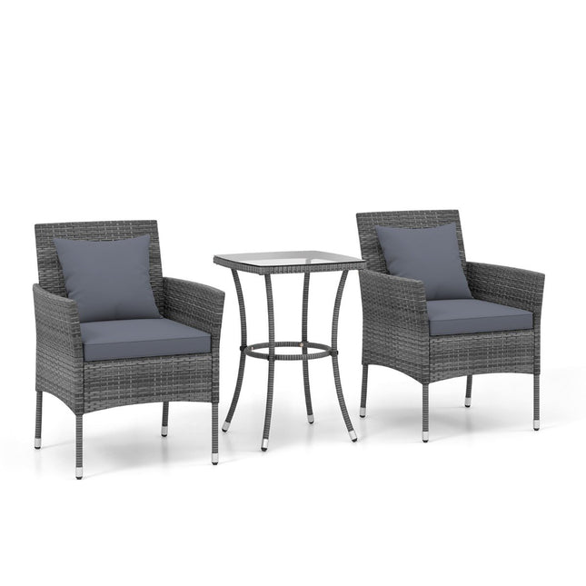 Set de mobilier de grădină din 3 piese din polirattan cu masă din sticlă și perne. Grup de scaune pentru mobilier din ratan. Set de grădină din ratan, gri.
