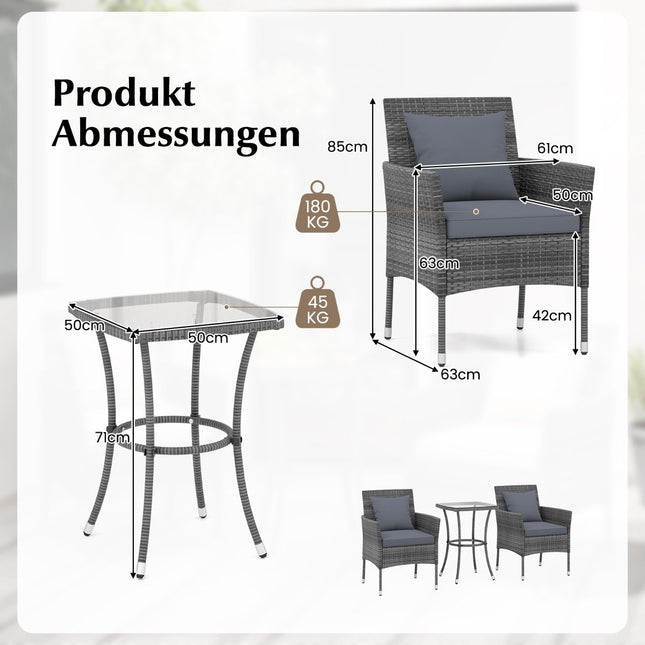 Set de mobilier de grădină din 3 piese din polirattan cu masă din sticlă și perne. Grup de scaune pentru mobilier din ratan. Set de grădină din ratan, gri.