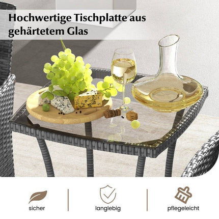 3-piece polyrattan garden furniture set with glass table and cushions. Rattan furniture seating group. Rattan garden set, grey.