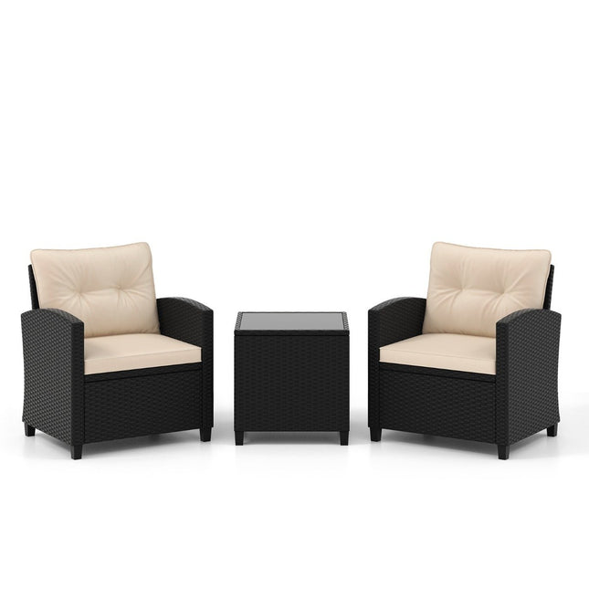 Set de mobilier de grădină din ratan din 3 piese, inclusiv 2 fotolii și 1 măsuță laterală, set de șezut cu perne, bej