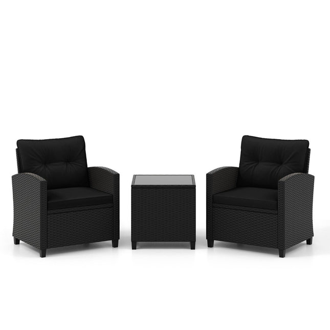 Set de mobilier de grădină din ratan din 3 piese, inclusiv 2 fotolii și 1 măsuță laterală, set de șezut cu perne, negru