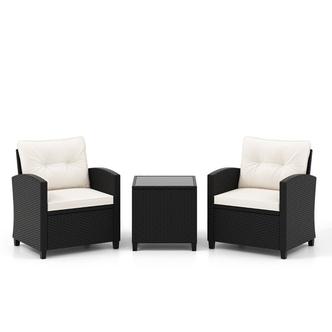 Set de mobilier de grădină din ratan din 3 piese, care include 2 fotolii și 1 măsuță laterală, set de șezut cu perne, alb