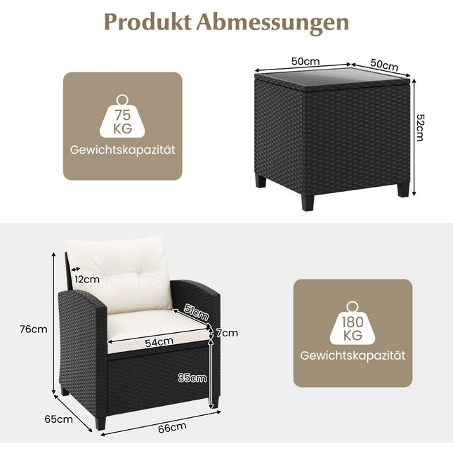 Set de mobilier de grădină din ratan din 3 piese, care include 2 fotolii și 1 măsuță laterală, set de șezut cu perne, alb