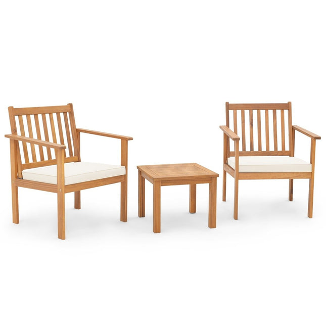 Set mobilier de terasă din lemn de salcâm 3 piese 2 scaune de grădină cu perne și set bistro măsuță de cafea