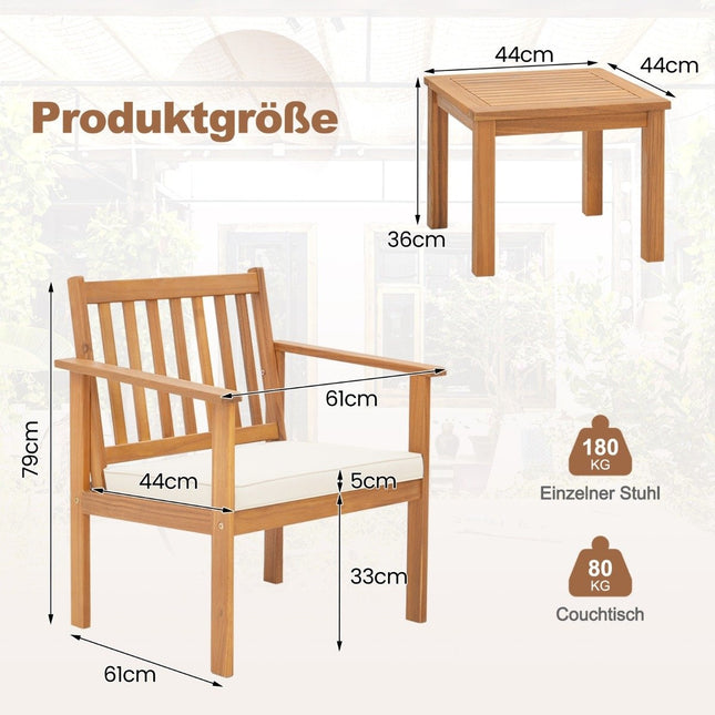 Set mobilier de terasă din lemn de salcâm 3 piese 2 scaune de grădină cu perne și set bistro măsuță de cafea
