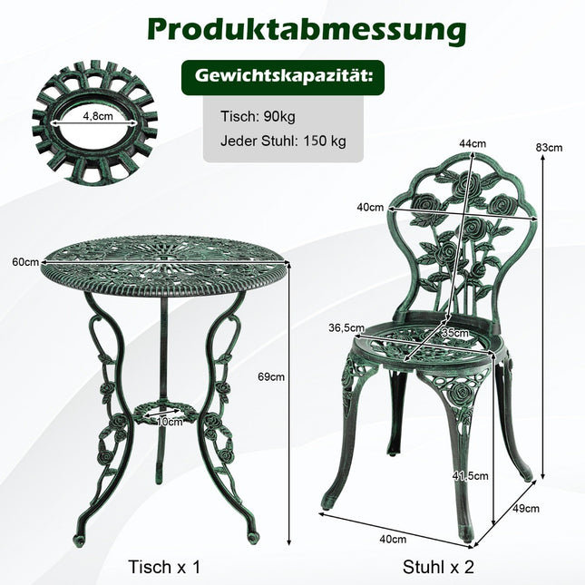 3 pieces Antique bistro set rose design seating group balcony set garden set with 2 chairs