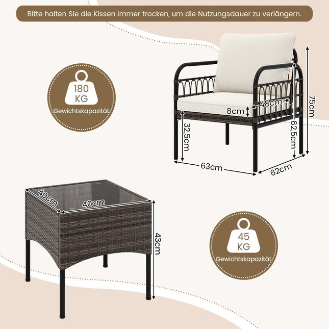 Set fotolii din ratan 3 piese cu masă laterală din sticlă și perne set conversație set mobilier de grădină scaune pentru terasă