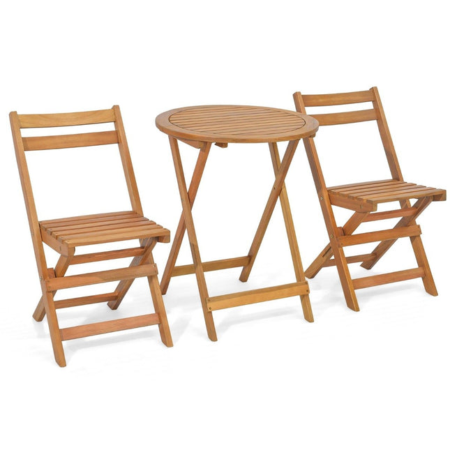 Set bistro din lemn de 3 piese cu cadru robust din lemn de salcâm și scaun cu șipci și blat de masă
