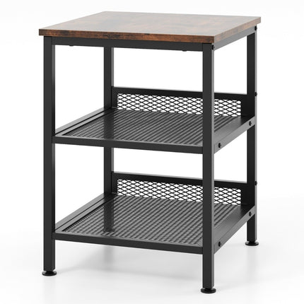 Noptiera cu 3 niveluri cu cadru metalic si 2 rafturi grilaj noptiera patrata design industrial