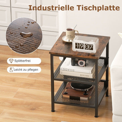 Noptiera cu 3 niveluri cu cadru metalic si 2 rafturi grilaj noptiera patrata design industrial