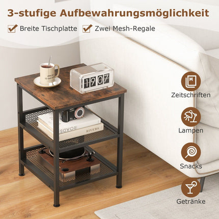 Noptiera cu 3 niveluri cu cadru metalic si 2 rafturi grilaj noptiera patrata design industrial