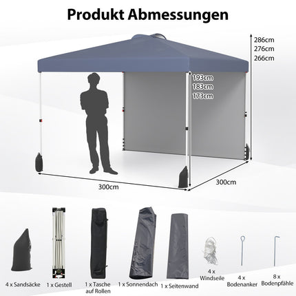 Pavilion Pop-Up 3 x 3 m cu perete lateral, portabil, gri