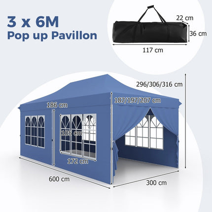 Cort cu baldachin de tip pop-up de 3x6m cu 6 pereți laterali și saci de nisip