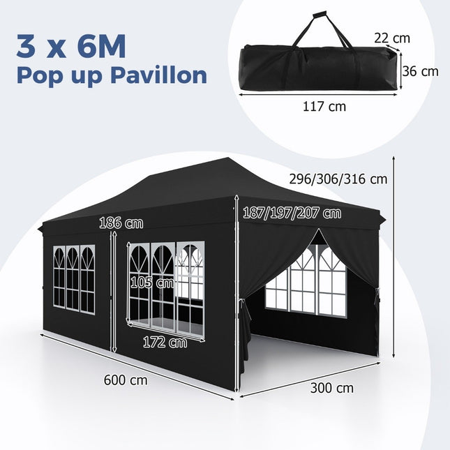 Cort cu baldachin de tip pop-up de 3x6 m cu pereți detașabili, negru