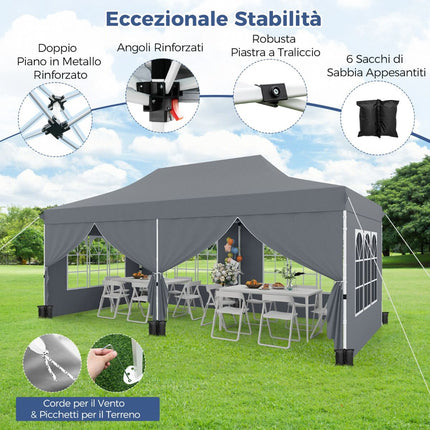 Pavilion pliabil 3x6m, 6 pereți laterali, uși cu fermoar, gri