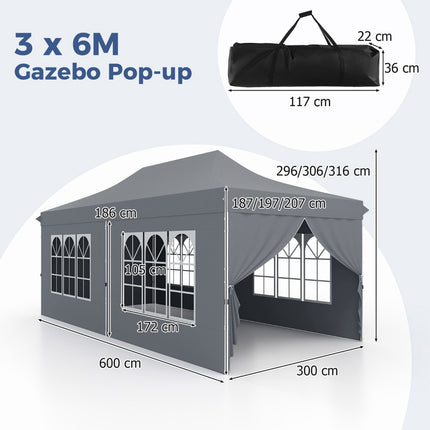 Pavilion pliabil 3x6m, 6 pereți laterali, uși cu fermoar, gri