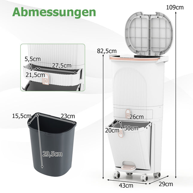 42L Kitchen Trash Can with Lid – 3-Tier Sorter, White