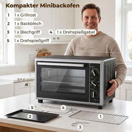 Mini cuptor de 46 l cu convecție, rotisor, temporizator, negru