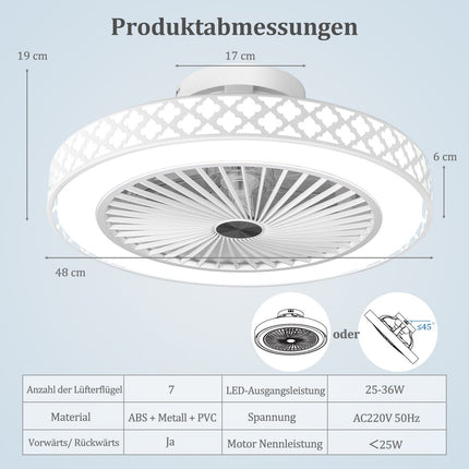 Ventilator de tavan de 48 cm cu lumină și telecomandă, reversibil, motor DC silențios