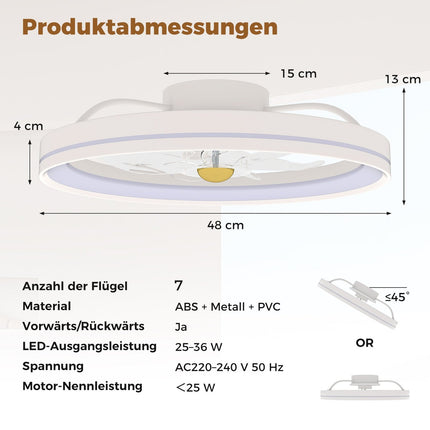 Ventilator de tavan de 48 cm cu lumină, reversibil, cu LED reglabil